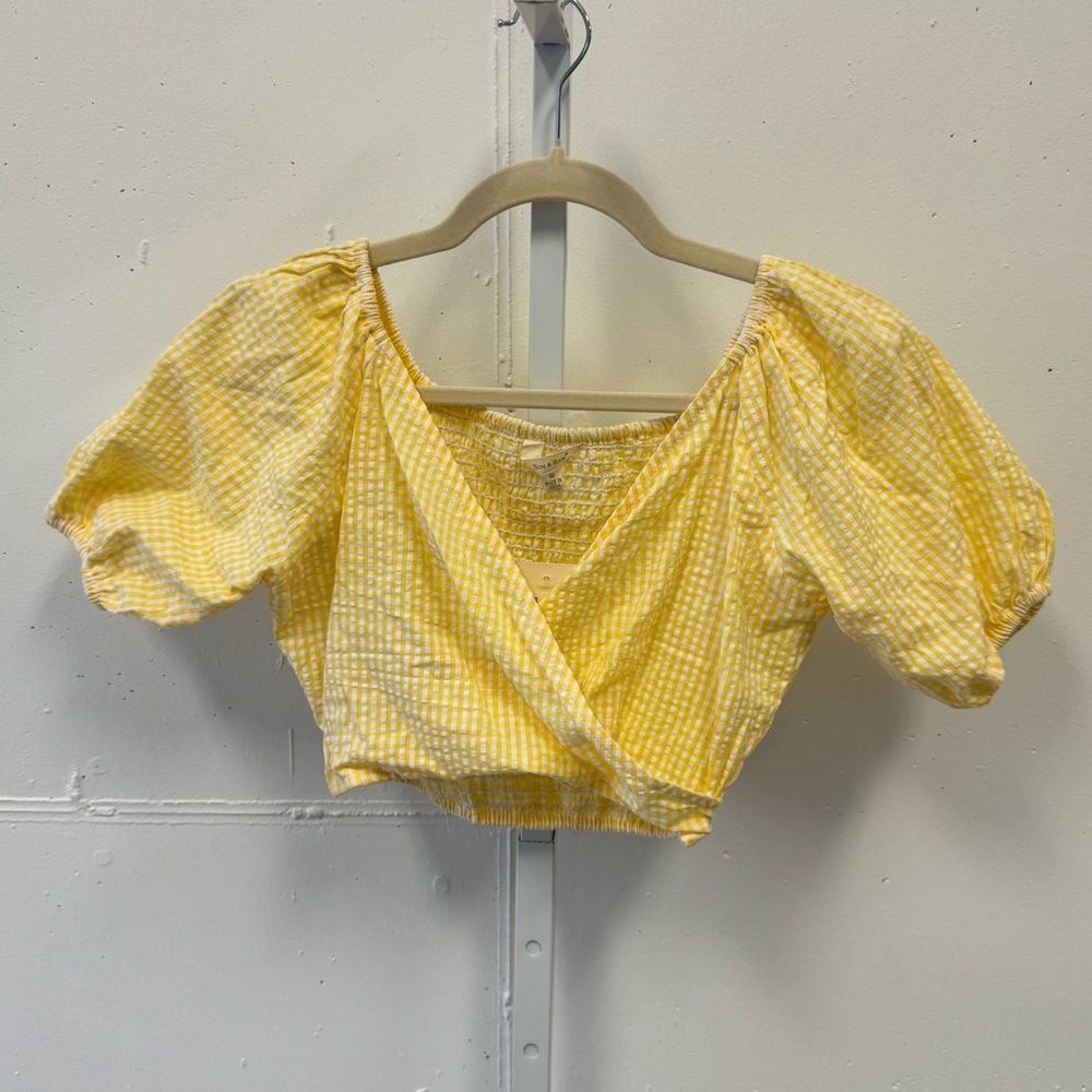 NWT Anthropologie Sim & Sam Yellow Gingham Picnic Crop Top Puff‎ Sleeve Small